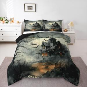 Erosebridal Комплект постельного белья Happy Halloween с готическим замком и черными летучими мышами, хэллоуинская тематика, Black Yellow Grey