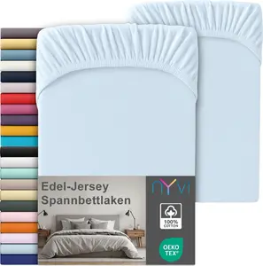 Простыня на резинке Premium Jersey Deluxe для матрасов глубиной до 25 см - 100% суперчесаный хлопок, 140 г/м², эластичная по всему периметру, цвет: светло-голубой, размер: 140-160 x 220 см (комплект из 2 шт.) NYVI