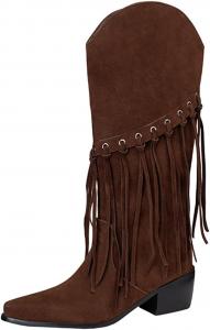 Женские ковбойские сапоги с бахромой, средней высоты, на широком каблуке, с заостренным носком, зимние ковбойские сапоги с бахромой в западном стиле Generic, Brown
