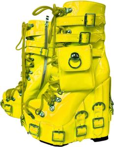 Женские ботильоны Frankie Hsu в готическом стиле Лолита на танкетке, модные лакированные с высоким каблуком и толстой подошвой, дизайнерский стиль, модная сумка с пряжкой, большие размеры US4-19, унисекс, обувь для женщин и мужчин, Yellow