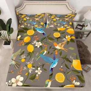 Erosebridal Комплект постельного белья Lemon Trees с принтом лимонов и колибри, коричневый, без верхней простыни, Brown Blue Yellow