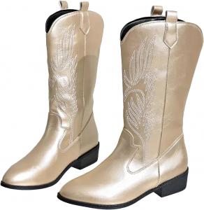 Зимние женские ковбойские сапоги в стиле вестерн с острым носком, на высоком каблуке, с вышивкой, челси Generic, Gold