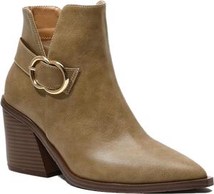 Женские кожаные ботильоны с винтажным каблуком, застежкой-молнией сбоку, классическим заостренным носком, металлической пряжкой, массивным каблуком, противоскользящим покрытием, для вечеринок и официальных мероприятий FIFILAPIN, Khaki