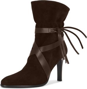 Женские ботильоны Olomisa с заостренным носком, каблуком-стилетом kitten, ремешком с бахромой, на выходе, Chocolate