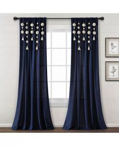 Льняная оконная занавеска в стиле бохо с кисточками и помпонами Lush Decor, синий