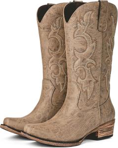 Ковбойские сапоги для женщин - вышитые ковбойские сапоги вестерн, средние по голени, модный массивный каблук, заостренный носок, деревенский стиль Choiran, Camel