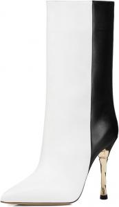 Женские сапоги FYS Fashion с заостренным носком и средней голенью, золотые туфли-кубики на шпильке, короткие ботильоны на молнии, платье, обувь для вечеринок, осень, размер 4-16 US, Black-White Splicing