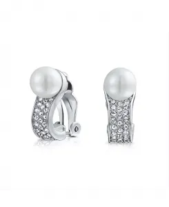 Серьги-Клипсы с кристаллами и жемчугом, не проколотые уши, посеребренные Bling Jewelry, white