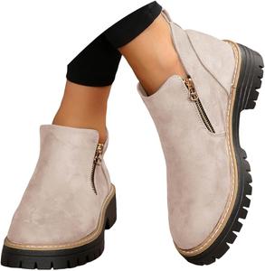 Винтажные короткие ботильоны на массивном каблуке, повседневная мода, боковая застежка-молния, прогулочная обувь на открытом воздухе, осенние лоферы, нескользящая подошва, ретро стиль, удобные ботинки Generic, A-Beige