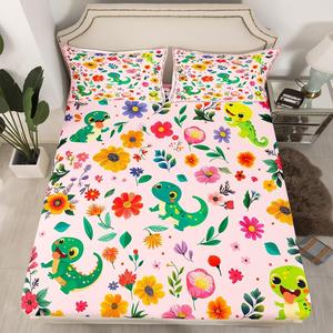 Erosebridal Фиттед простыня Lizard в стиле бохо с цветочным принтом, розовая, ботанический декор, Pink Green Yellow Blue Purple Red