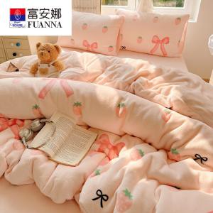 Fuanna Пододеяльник 180х220 см с парой наволочек, зимний плюш, двусторонний махровый велюр, утолщенный, цвет Strawberry Bow