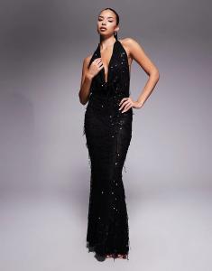 Эксклюзивное платье Murci с вырезом халтер и глубоким воротником-хомутиком, открытой спиной и макси-платьем «рыбий хвост», черное с пайетками