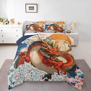 Erosebridal Комплект постельного белья Japanese Style с принтом кошек и драконов в морском стиле для детей, Beige Navy Red Green