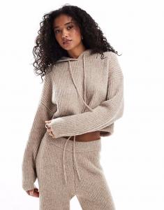 Вязаная толстовка с капюшоном ASOS DESIGN с завязками в каменном цвете