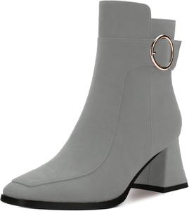 RLYGHWAO Женские черные ботильоны с квадратным носком на среднем каблуке с боковой молнией, модные ботинки с пряжкой для женщин