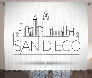 Шторы ABAKUHAUS San Diego Rustic, типографский городской пейзаж, универсальные ленточные шторы для гостиной с петлями и крючками, 280 x 175 см, черно-белые Abakuhaus