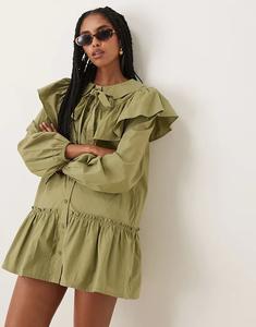 Платье-блуза с воротником-стойкой Neon Rose оливкового цвета