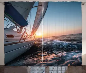 Штора в морском стиле ABAKUHAUS, парусник в море, хобби, штора для спальни из тесьмы со сборками, петлями и крючками, 280 x 245 см, бледно-голубой, желтый Abakuhaus