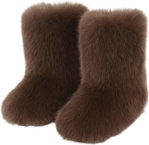 Женские зимние ботинки с искусственным мехом, теплые пушистые ботинки средней длины, мягкие ботинки с меховой подкладкой и плоской подошвой, удобные уличные замшевые меховые ботинки Generic, Coffee