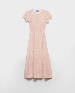 Платье из понже с цветочным принтом Prada, персиковый