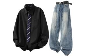 Повседневная спортивная одежда Unisex с лацканом Lapel Moderate X1617, черный shirt+синий jeans