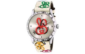 Часы мужские GUCCI G Timeless Collection с кварцевым механизмом, кожаным ремешком, серебристым циферблатом 38 мм