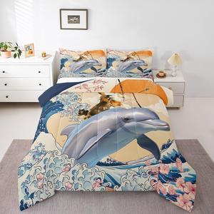 Erosebridal Комплект постельного белья Funny Corgi с принтом океанских дельфинов и волн в японском стиле укиё-э, Beige Navy Brown Grey