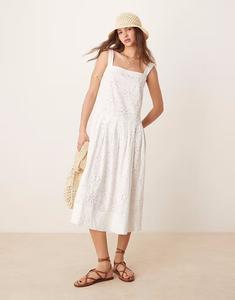 Free People primavera миди платье с ажурной отделкой бродери белого цвета