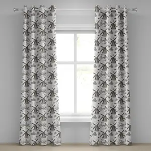 Голландская штора на люверсах ABAKUHAUS, изображение традиционного голландского символа с нарисованными вручную тюльпанами в виде мельницы, декоративная двухпанельная штора, 280 см x 225 см, коричневый и белый цвета