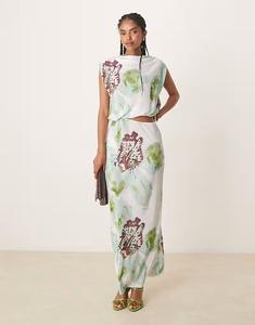 Платье макси с вырезами и плиссировкой ASOS DESIGN с принтом орхидеи