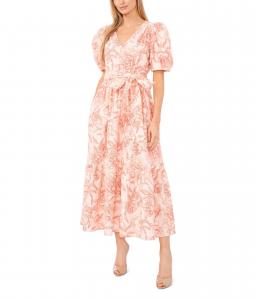 Платье CeCe Printed Linen Puff Sleeve V-Neck Maxi Dress, Sweet Rose