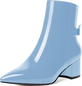 Женские ботильоны AMBELIGHT с молнией, с острым носком, повседневные, лакированные с бантом, на низком массивном каблуке, высотой до щиколотки, 5 см, Light Blue