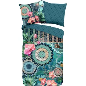 Модное двустороннее постельное белье «Valdez», Мако-сатин, 135х200, молния, двусторонний вид, мандала, бензин Hip, цвет petrol/multi/grünblau