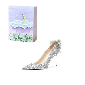 ROBINHOOD Эксклюзивные замковые 3D коробки на тонком каблуке женские туфли на шпильке серебристые с фиолетовым лунным галактическим принтом, цвет Silver Purple Moon Galaxy Box