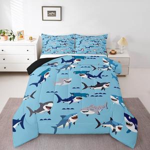 Erosebridal Комплект постельного белья Sharks Sea Weaves с морским принтом для детей из легкого материала в темно-синем цвете, Navy Blue