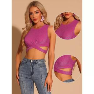 Женский блестящий укороченный топ без рукавов с круглым вырезом и перекрещиванием ALLEGRA K, темно-серый