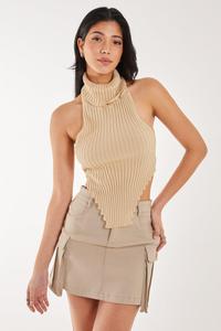 Топ массивной вязки с высоким воротником и лямкой через шею Pink Vanilla, бежевый