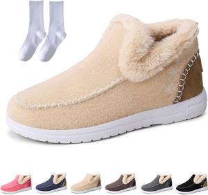 Женские зимние плоские пушистые зимние ботинки, подкладка из искусственного меха, противоскользящие, с удобной посадкой, для улицы, короткие повседневные ботильоны Generic, Apricot
