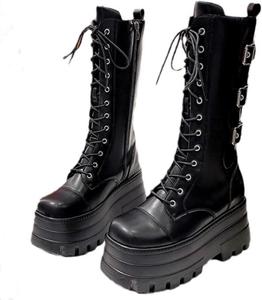 Женские платформенные ботинки на средней голени с клиновидной подошвой, массивные ботильоны, панк-боевые ботинки, готические мотоциклетные ботильоны FOBOINED, Black-19