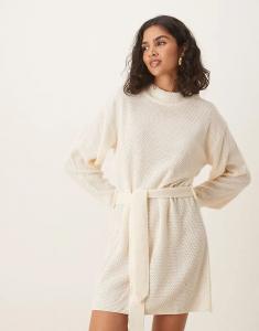 Гламурное мини-платье с поясом цвета кости