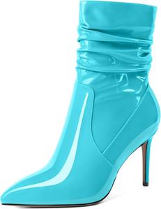 Женские скошенные ботильоны Mettesally с высоким каблуком, заостренным носком, модные стильные с боковой молнией, каблук 3,5 дюйма, ботинки средней высоты, Patent Turquoise