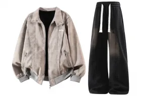 Повседневный спортивный костюм Unisex с воротником стойкой утепленный X1617, светло-серый jacket fleece-lined+черный fleece-lined pants