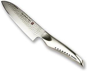 Global SAI Сантоку 12,7 см - легкий японский нож из нержавеющей стали, заточенный до бритвенной остроты, с кованым клинком, упором для большого пальца, произведен в Японии, SAI-M03, серебряный