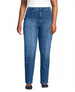 Женские джинсы больших размеров из мягкого денима с высокой посадкой, прямыми штанинами, в стиле милитари Lands' End, Indigo tide blue