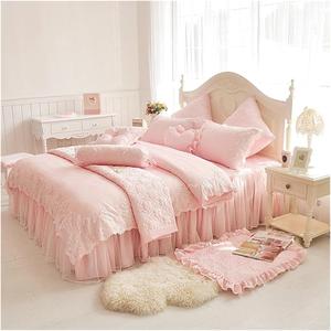YUSIWOAL Комплект постельного белья с кружевом розовый с рюшами