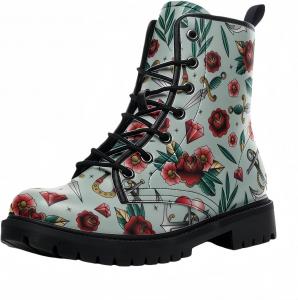 Женские короткие ботинки с принтом, шнуровкой и массивным каблуком, боевые ботильоны для девушек и женщин, обувь на осень и зиму, с узором из роз и черепов в мультяшном стиле Maimeili, Diamond Flower Blue