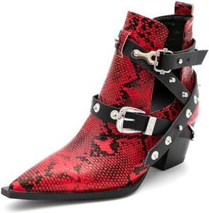 Женские ботильоны Aflngle на массивном каблуке с принтом под змею, заостренные закрытые носки, вырезы, низкий каблук, на резинке, короткие челси, заклепки, вестерн-ковбойский стиль, Red