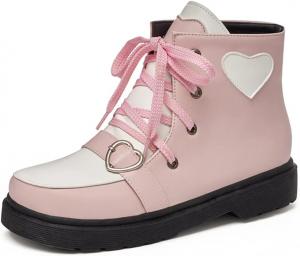Женские милые лолита ботильоны VOKLIN с плоской подошвой, круглым носком, шнуровкой, милым униформенным стильным коротким платьем, Pink-Velvet Lined