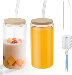 Набор из 2 стаканов объемом 550 мл с крышками и трубочками, многоразовые стеклянные стаканы для лимонада, воды, сока, для офиса, школы, подарка UISEBRT