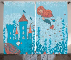 Штора ABAKUHAUS Русалка в деревенском стиле, мультяшный замок кораллового цвета, универсальная тесьма для гостиной с петлями и крючками, 280 x 175 см, цвет: сине-оранжевый Abakuhaus